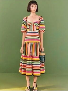 FARM Rio Rainbow Striped Midi Dress with Puff Sleeves